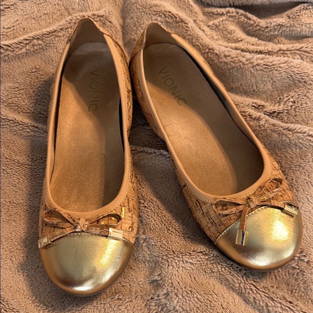 Vionic Gold and Cork Flats with Bow Detail
